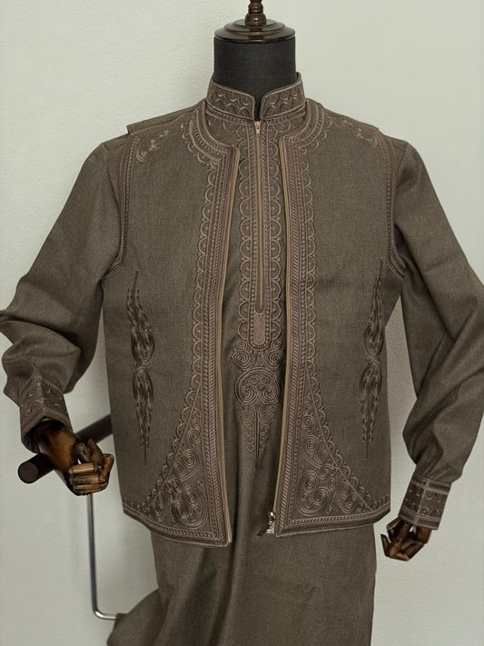 Khaki Syrian Thobe & Waistcoat Set